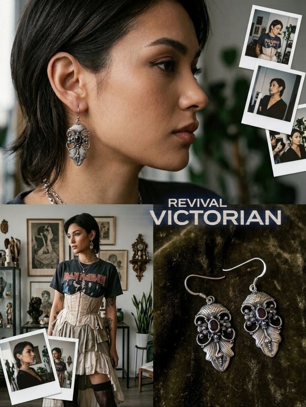 Vintage 925 Silver Garnet Drop Earrings Victorian Revival Floral Leaf C-Scroll - Picture 3 of 11